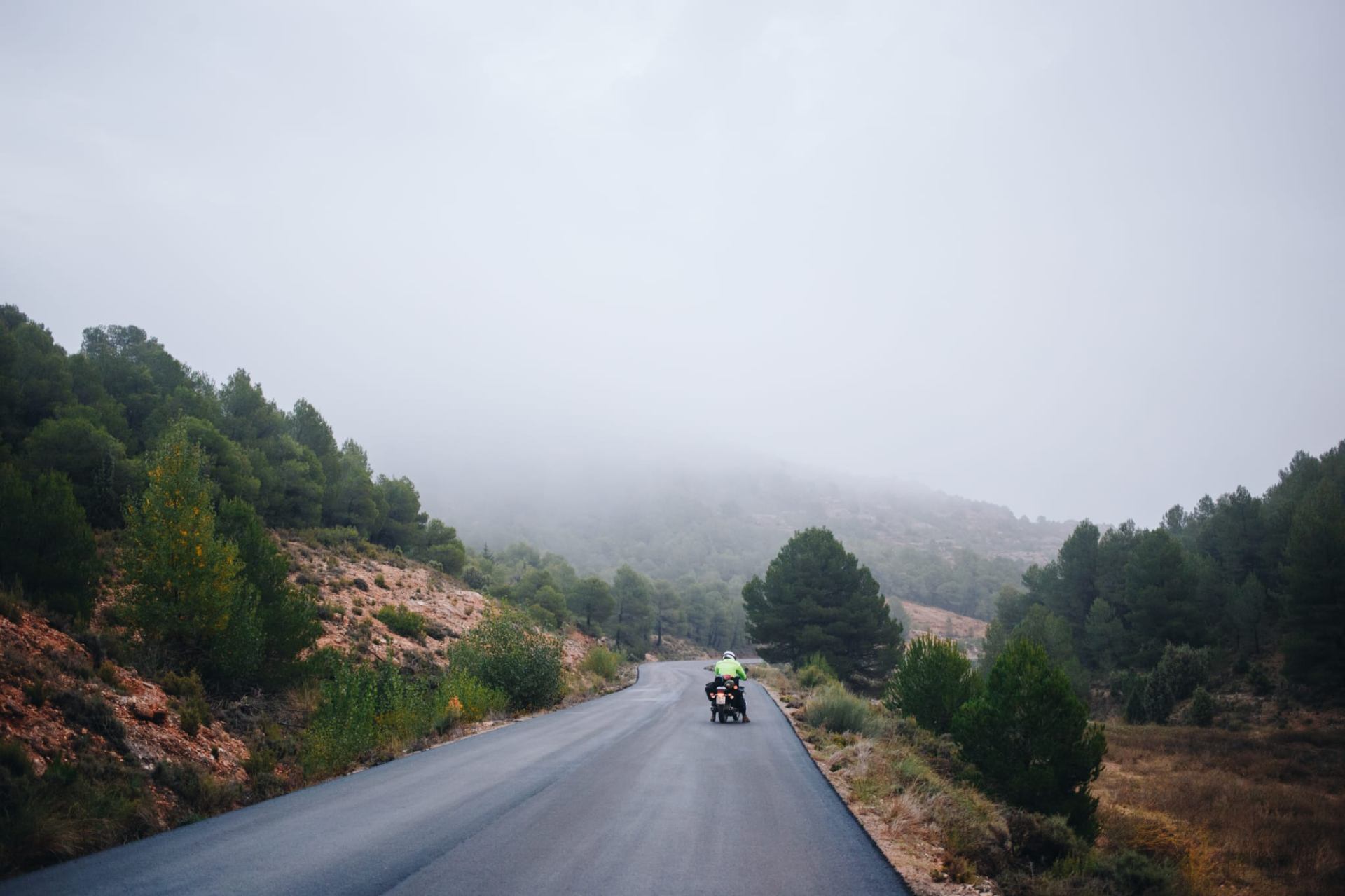 Moto en carretera entre pinos del Parc del Montnegre